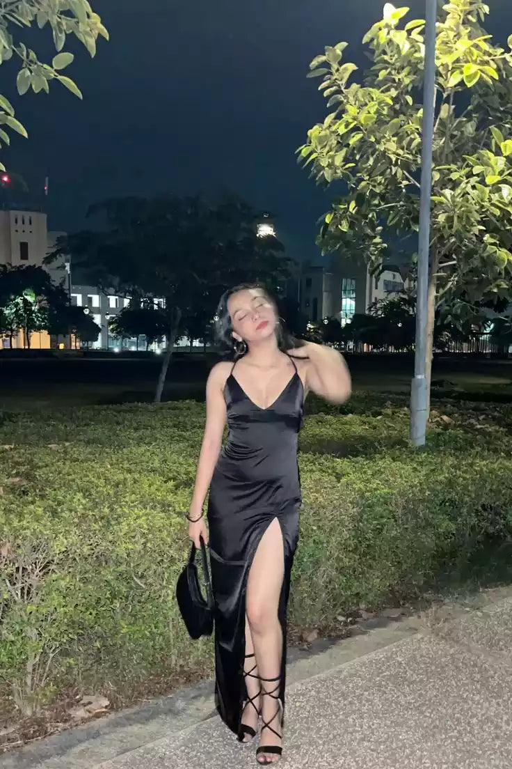 Alluring Black Satin Gown with Crisscross Back & High Slit