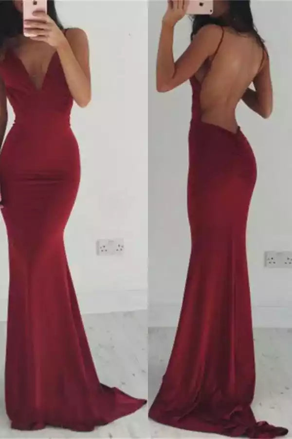 Alluring Burgundy Satin Gown with Plunging V-Neck & Open Back