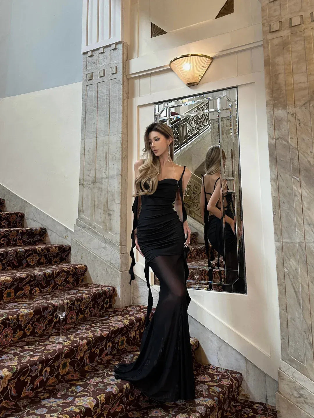 Alluring Mermaid Strapless Ruffled Open-Back Black Jersey Gown