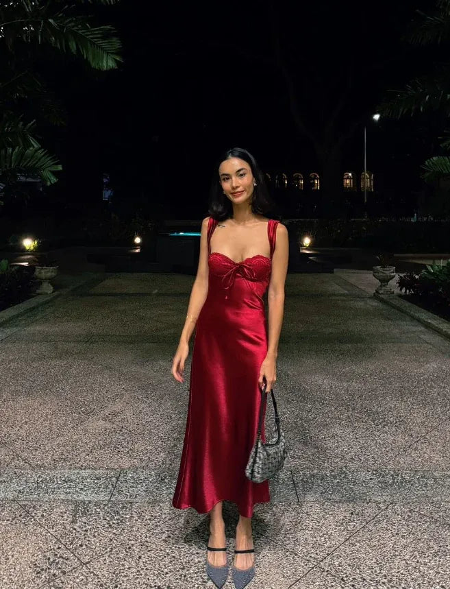 Alluring Sweetheart Front Tie Red Satin Slip Dress