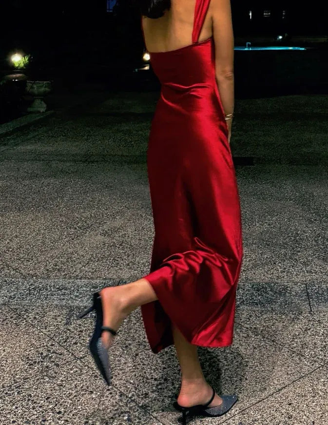 Alluring Sweetheart Front Tie Red Satin Slip Dress