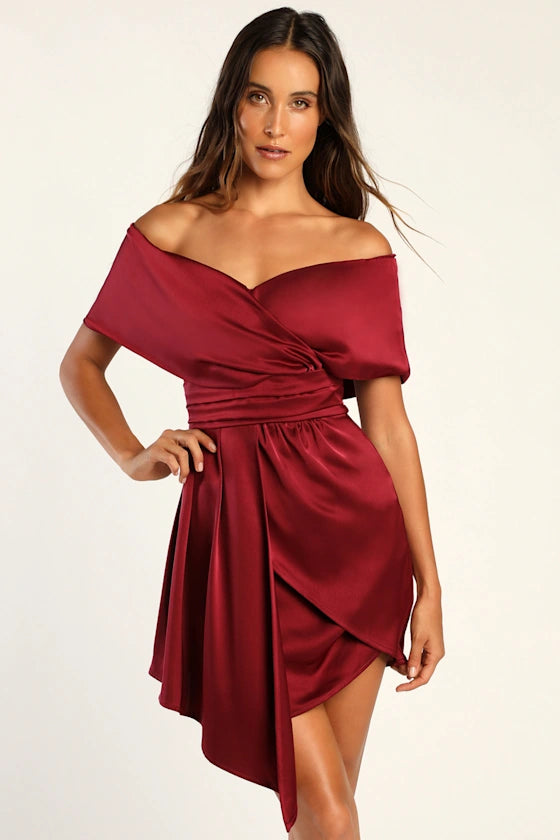 Always Celebrating Satin Off-the-Shoulder Mini Dress Homecoming Dresses