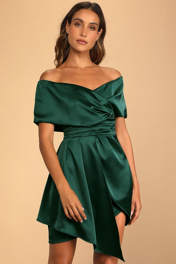 Always Celebrating Satin Off-the-Shoulder Mini Dress Homecoming Dresses