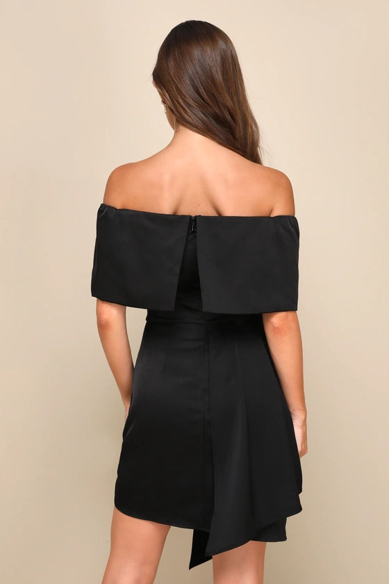 Always Celebrating Satin Off-the-Shoulder Mini Dress Homecoming Dresses