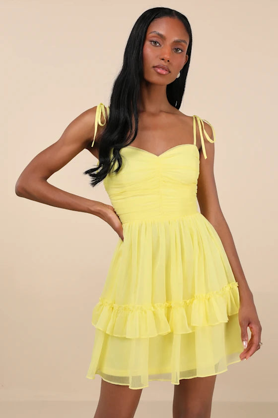 Angelic Approach Chiffon Ruffled Tie-Strap Mini Dress Homecoming Dresses