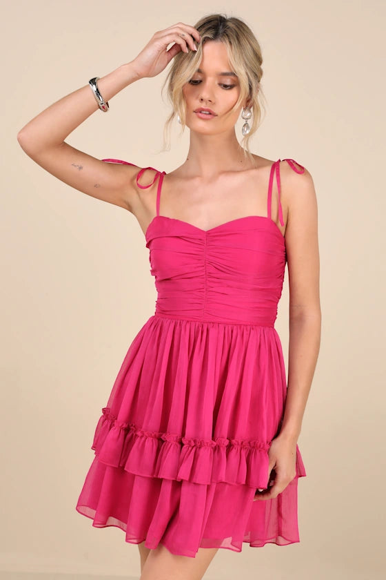 Angelic Approach Chiffon Ruffled Tie-Strap Mini Dress Homecoming Dresses