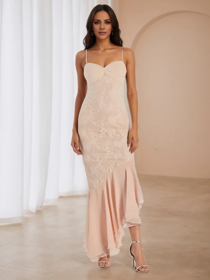 Ankle Length Ruffle Side Spaghetti Straps Coral Prom Dresses