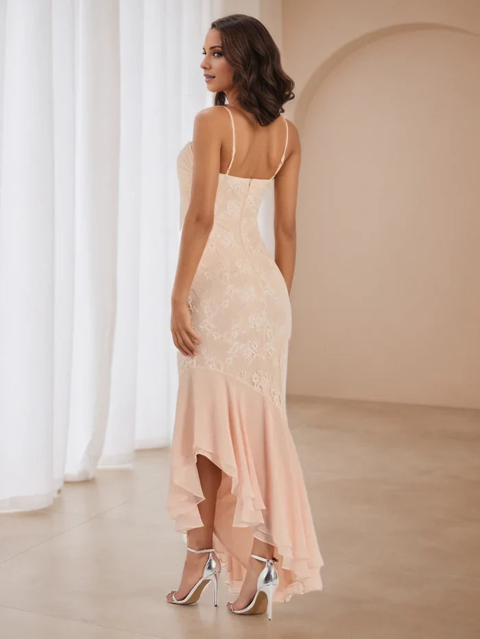 Ankle Length Ruffle Side Spaghetti Straps Coral Prom Dresses
