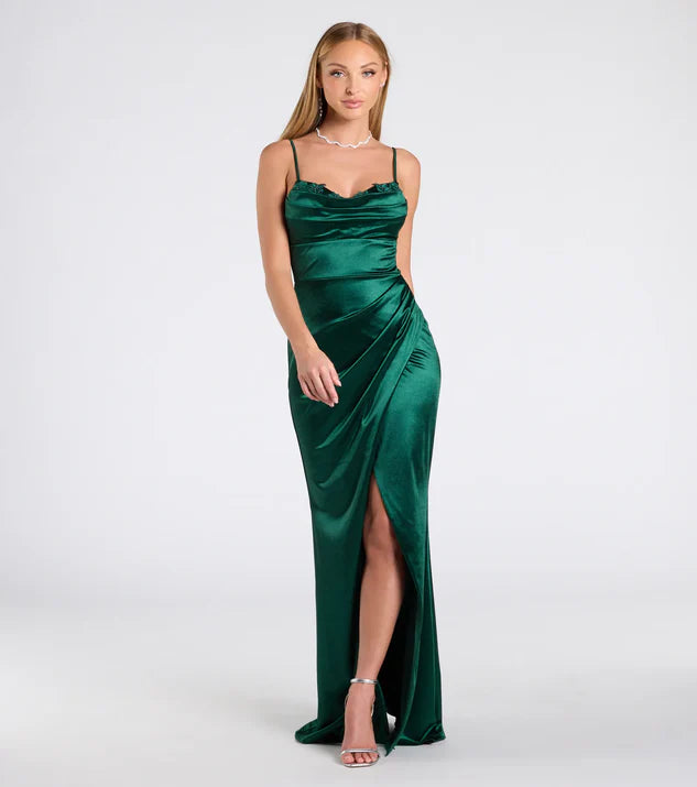 Applique Trim Wrap Satin Formal Dress Evening Dress