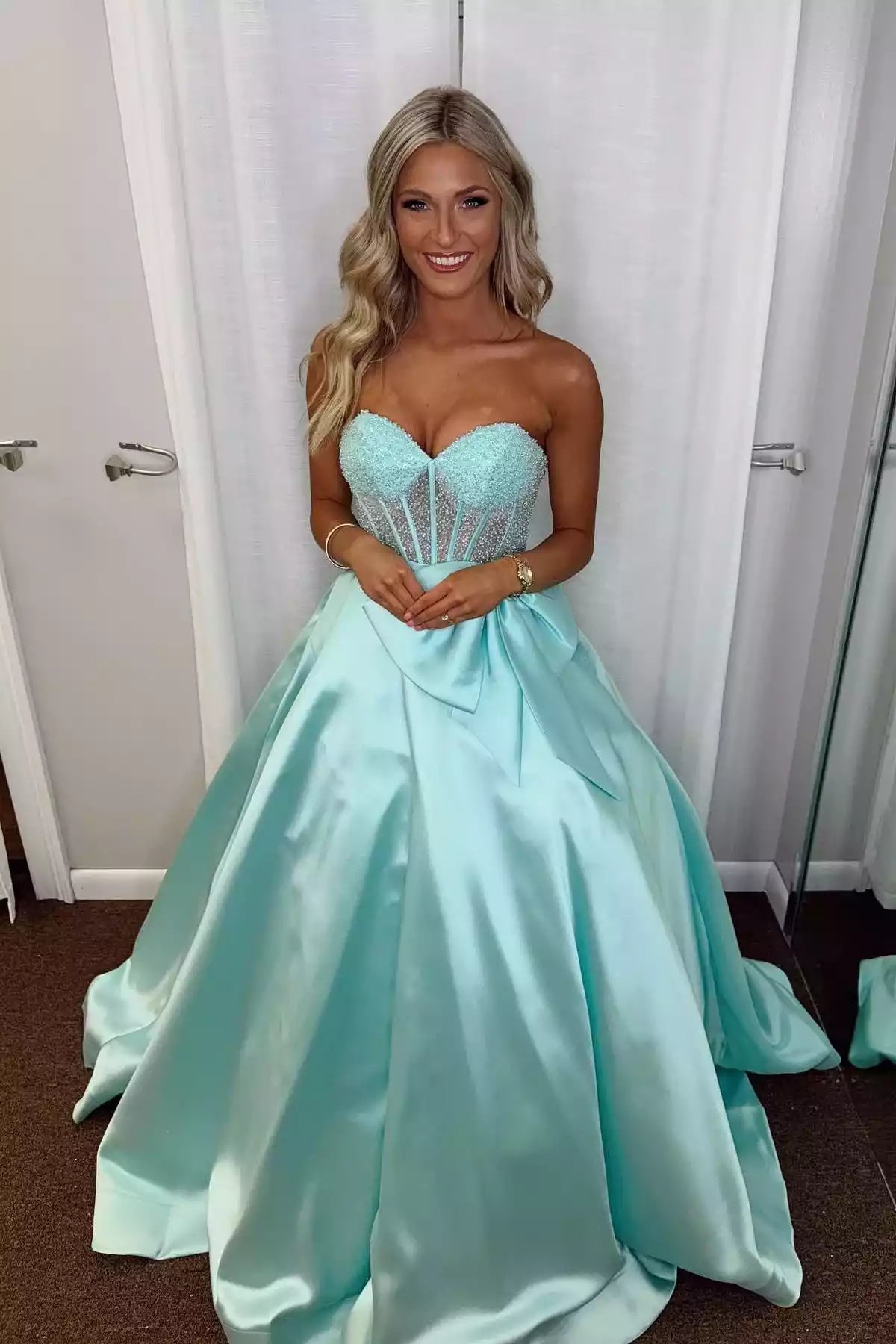 Aqua Blue Satin Beaded-Bodice Ball Gown – Elegant & Glamorous Evening Party Dress