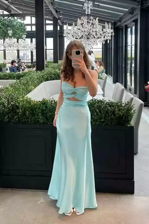 Aqua Blue Satin Strapless Cutout Gown – Fresh & Alluring Evening Party Dress
