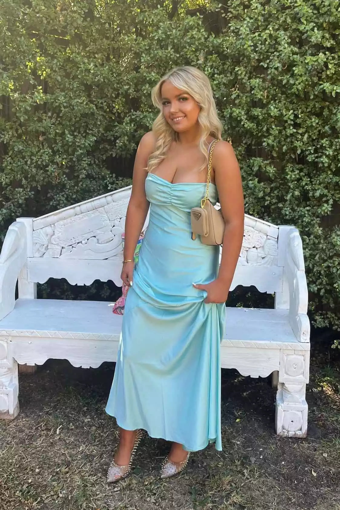 Aqua Blue Satin Strapless Ruched Gown – Fresh & Elegant Evening Party Dress