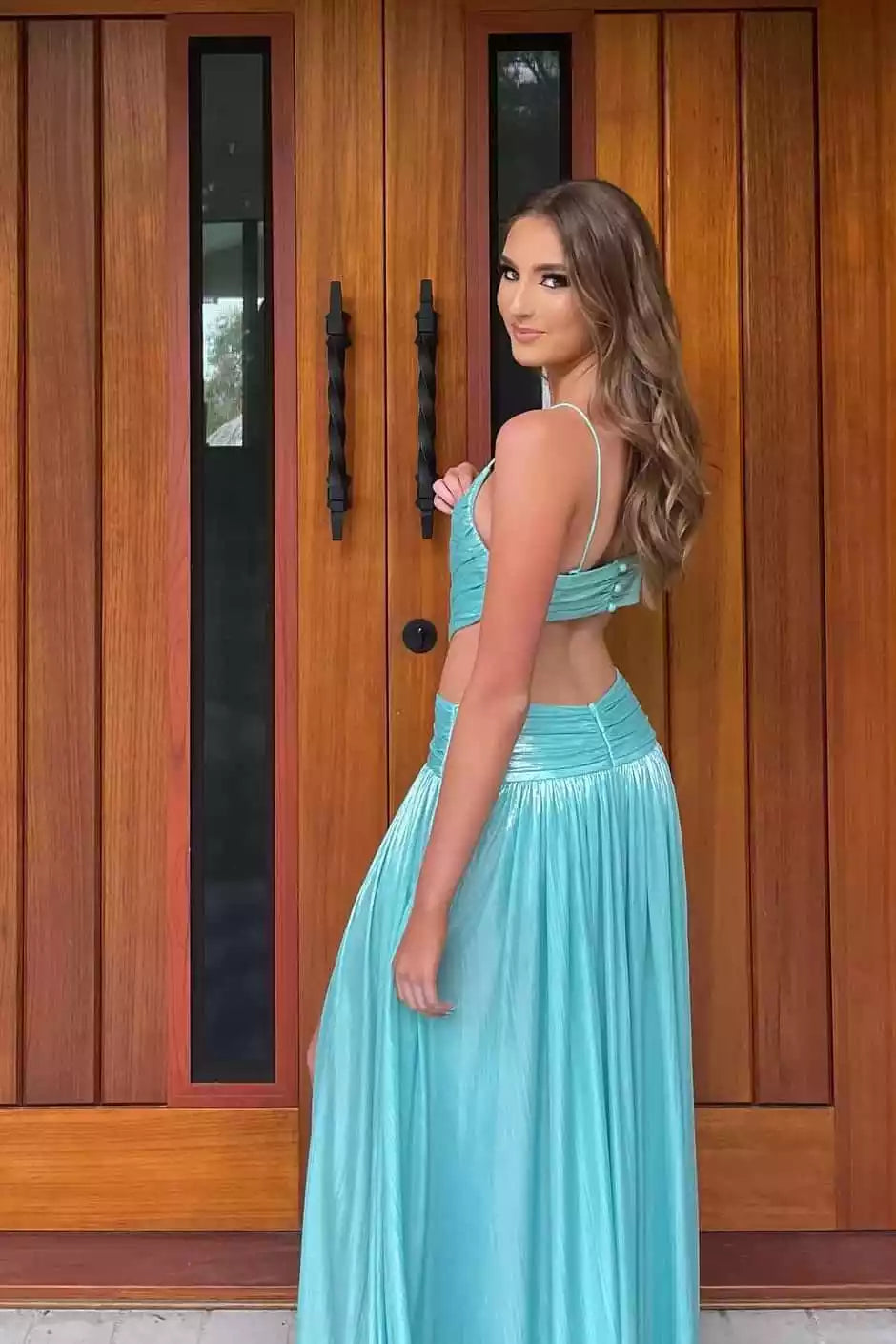 Aqua Blue Shimmering Two-Piece Cutout Gown – Airy & Modern Evening Party Dress
