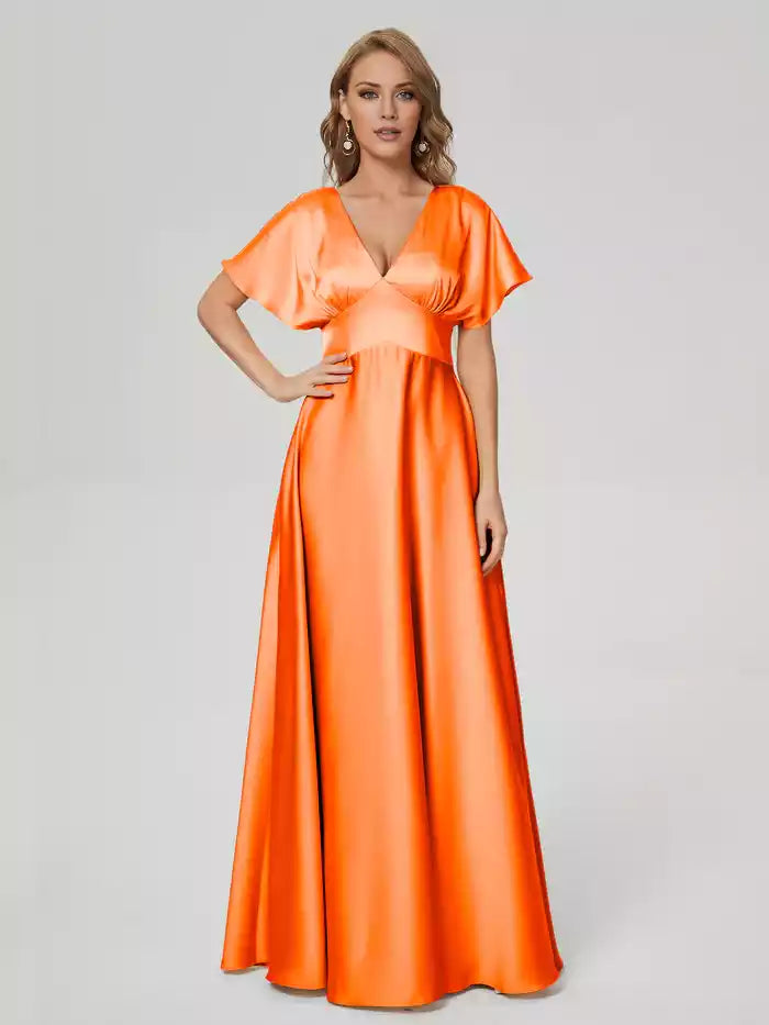 Ariah V-neck Short Sleeves Soft Satin Bridesmaid Dress