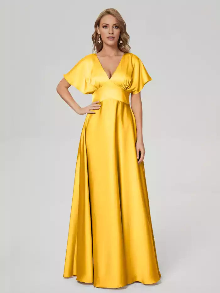 Ariah V-neck Short Sleeves Soft Satin Bridesmaid Dress