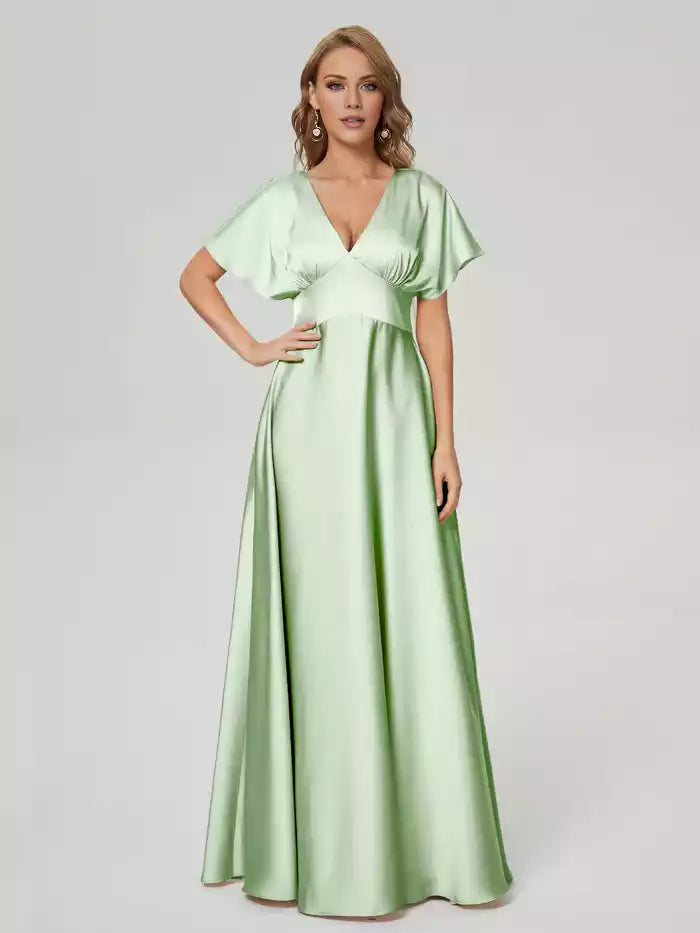 Ariah V-neck Short Sleeves Soft Satin Bridesmaid Dress