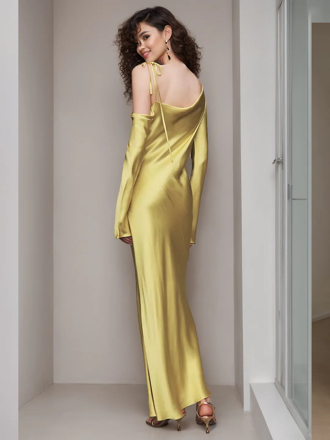 Asymmetrical Satin Evening Dresses with Cold Shoulder Long Sleeves, Tie-Back Detail and Floor-Length Formal Gown
