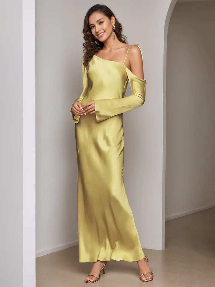 Asymmetrical Satin Evening Dresses with Cold Shoulder Long Sleeves, Tie-Back Detail and Floor-Length Formal Gown