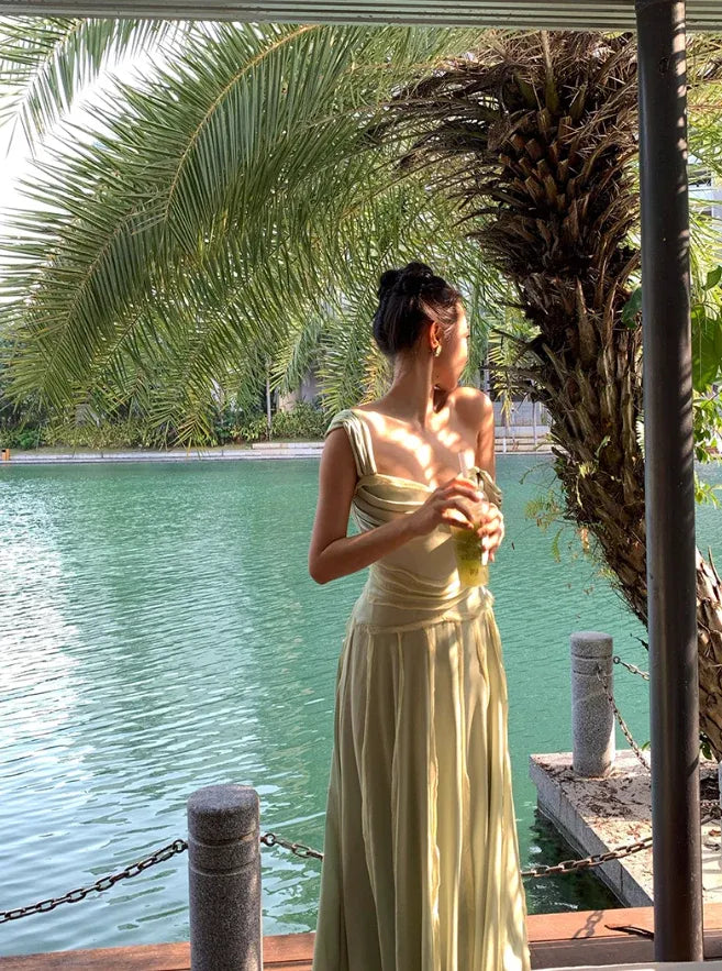 Avocado Green Satin Ruched Cap Sleeve A-Line Maxi Dress
