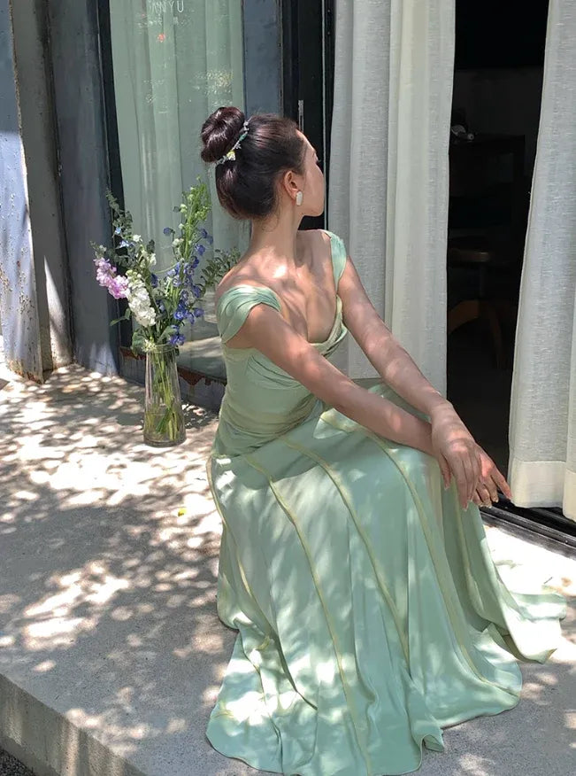 Avocado Green Satin Ruched Cap Sleeve A-Line Maxi Dress