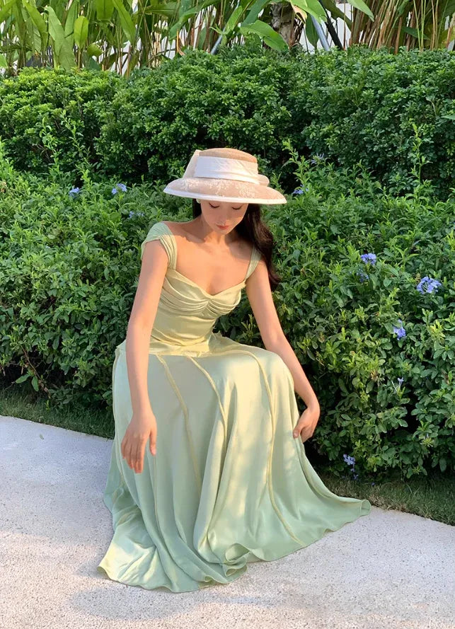 Avocado Green Satin Ruched Cap Sleeve A-Line Maxi Dress