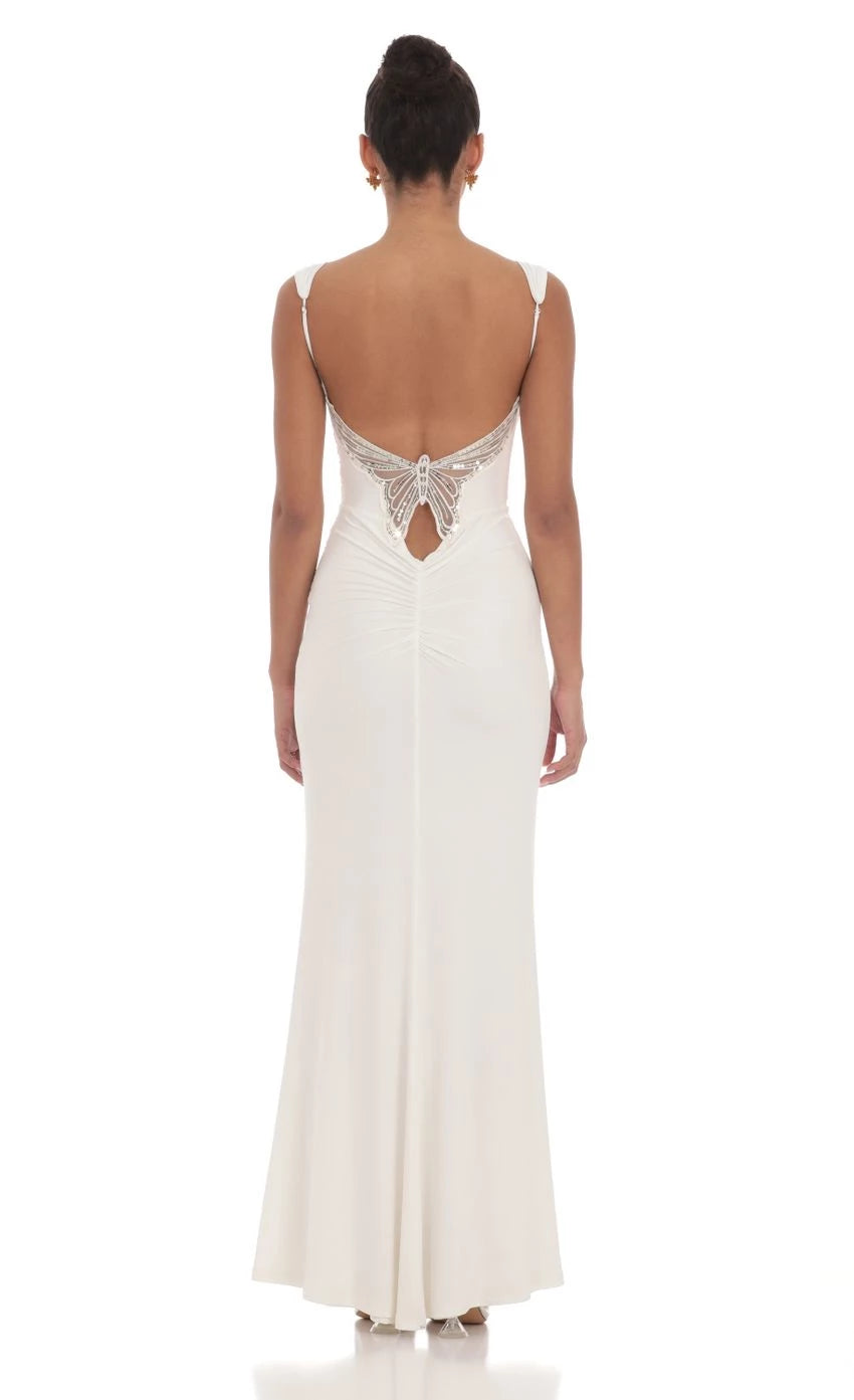 Back Sequin Butterfly Maxi Dress Prom Dresses