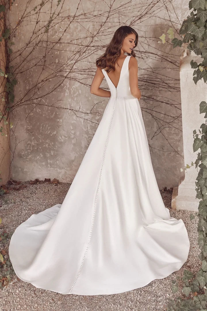 Backless A-Line Gown with Deep V-Neck Wedding Dresses
