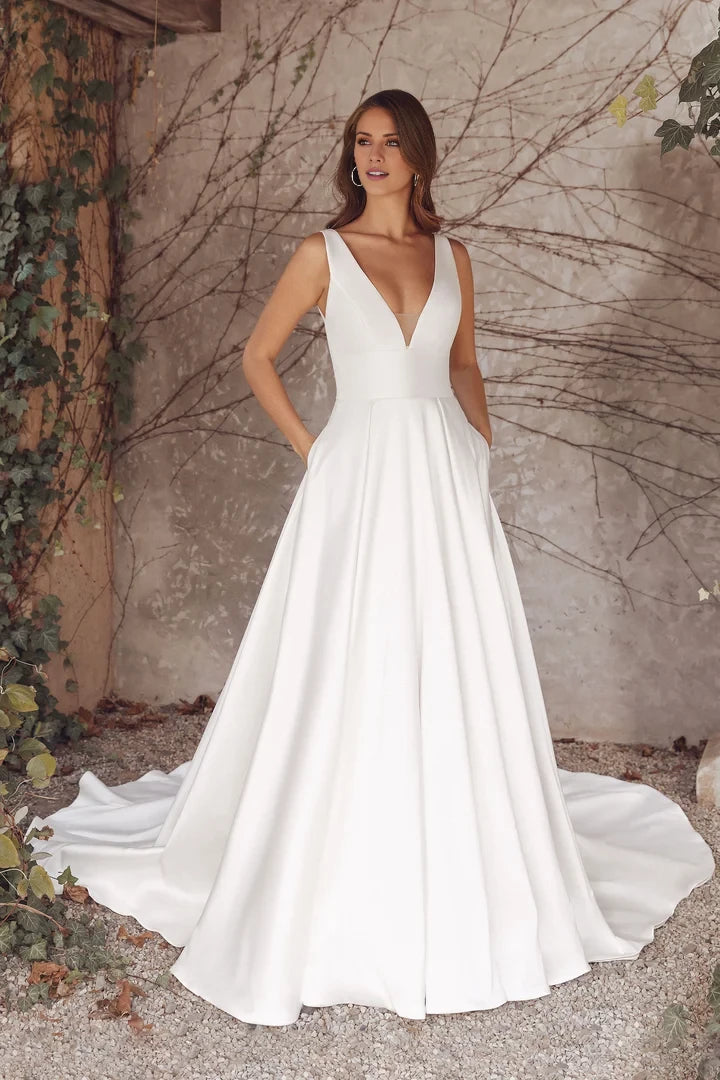 Backless A-Line Gown with Deep V-Neck Wedding Dresses