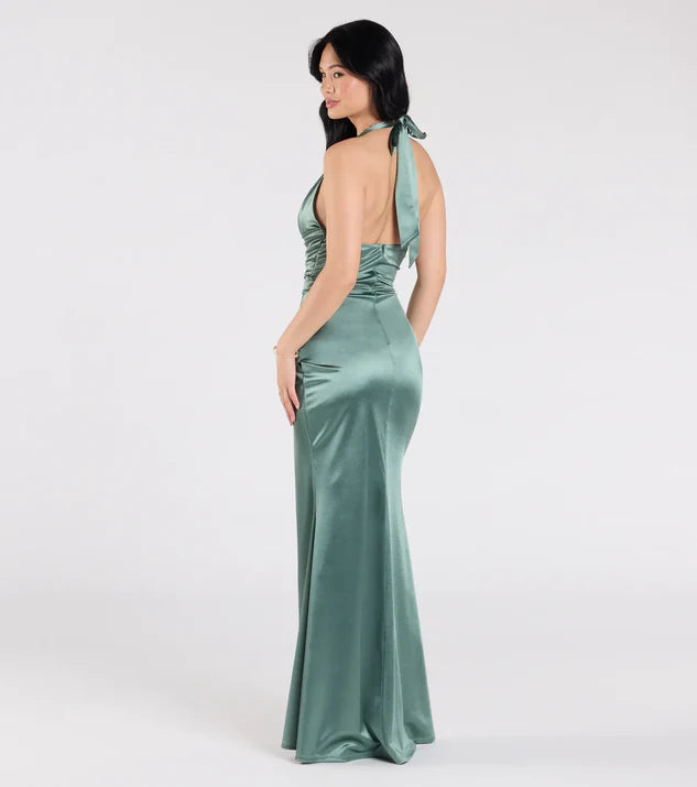 Backless Halter Slit Mermaid Satin Formal Dress Evening Dress