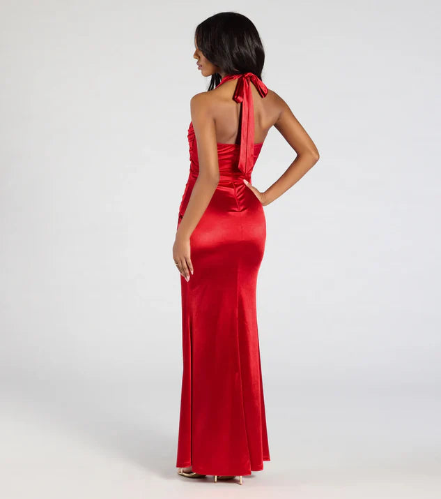 Backless Halter Slit Mermaid Satin Formal Dress Evening Dress