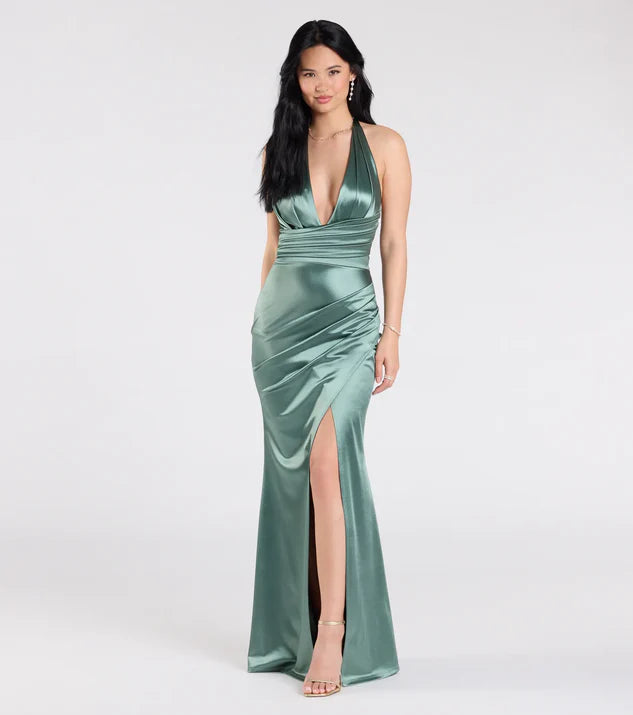 Backless Halter Slit Mermaid Satin Formal Dress Evening Dress