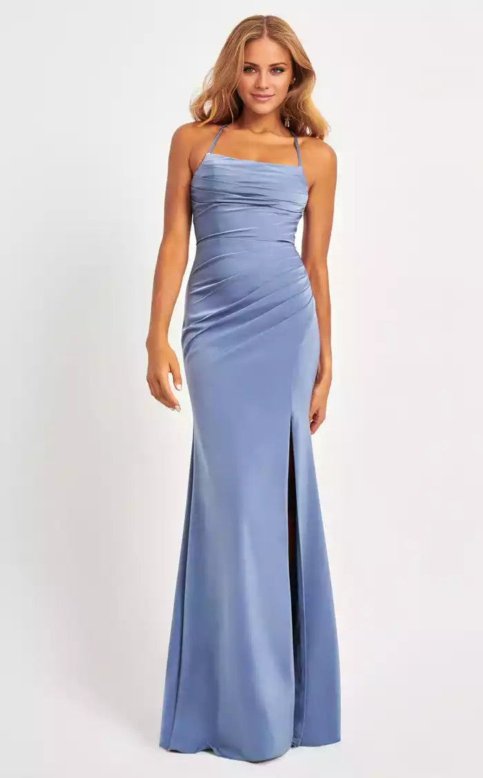 Backless Lace Up Back High Slit Sheath Gown Evening Dress