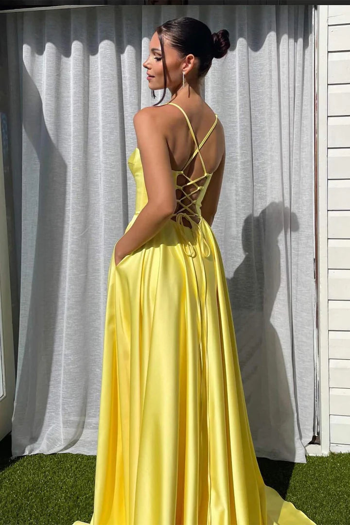 Backless Side Slit Satin Prom Dress