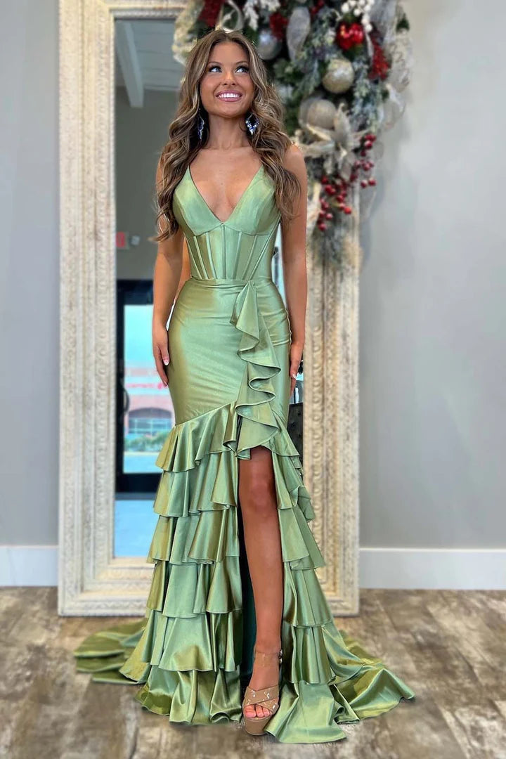 Back strap deep v slit Prom Dress