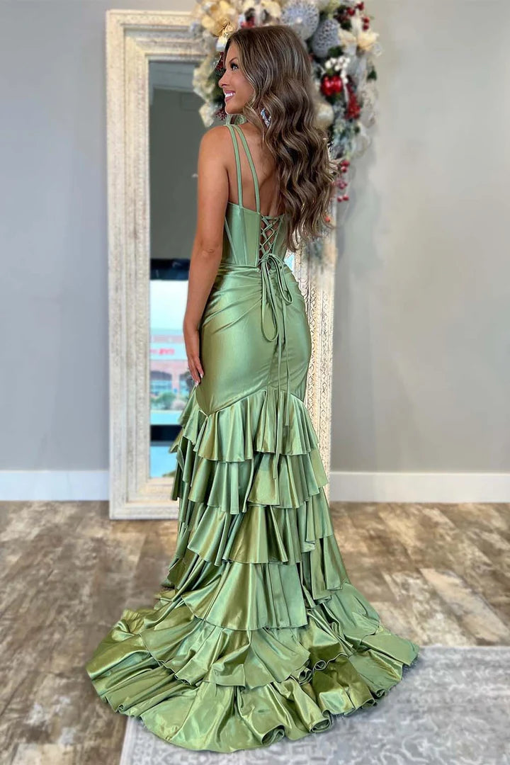 Back strap deep v slit Prom Dress