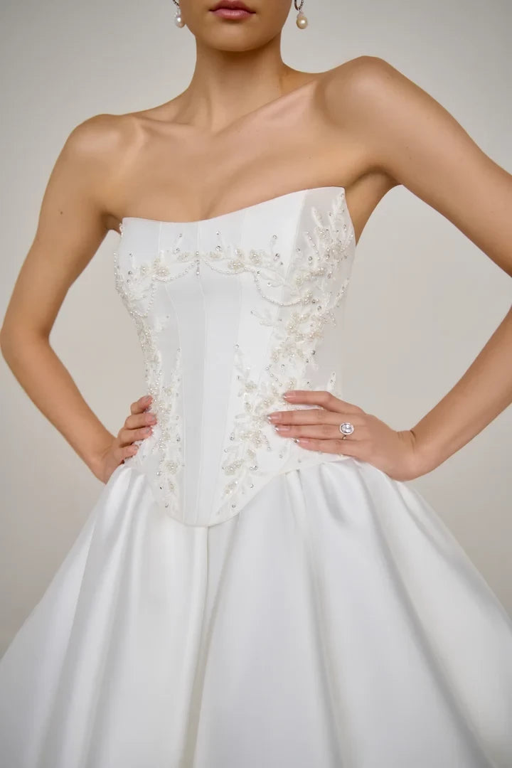 Ball Gown with Beaded Corset Bodice and Basque Waist Wedding Dresses