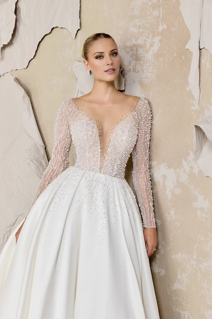 Ball Gown with Beaded Plunging Sabrina Neckline Wedding Dresses
