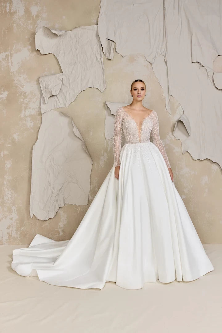 Ball Gown with Beaded Plunging Sabrina Neckline Wedding Dresses