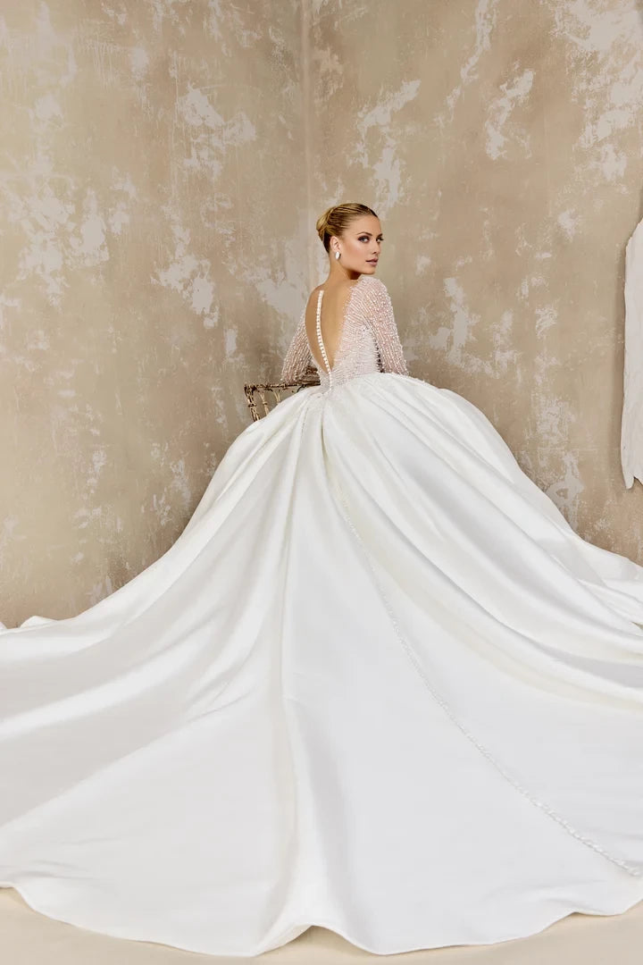 Ball Gown with Beaded Plunging Sabrina Neckline Wedding Dresses