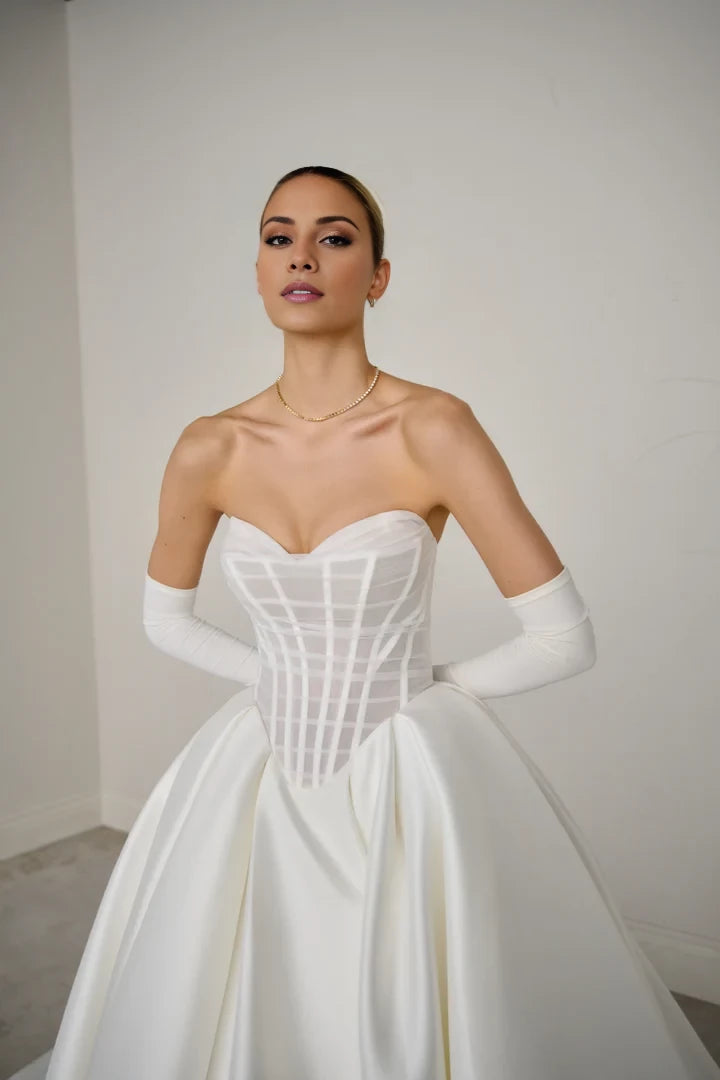 Ball Gown with Sheer Tulle Bodice with Exposed Boning Wedding Dresses