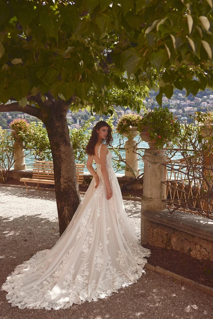 Beaded A-Line Gown with V-Neckline and Chapel Length Train Wedding Dresses