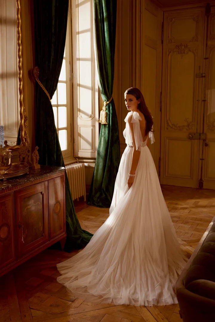 Beaded Embroidery A-Line Gown with Plunging V-Neck and Scoop Back Wedding Dresses