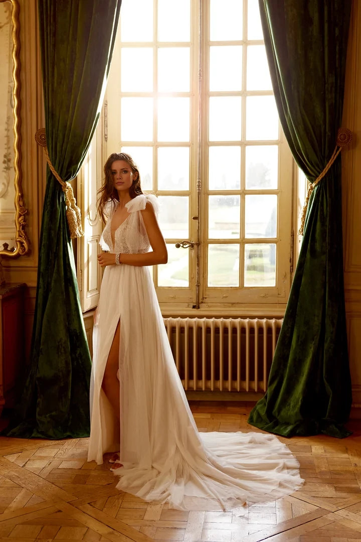 Beaded Embroidery A-Line Gown with Plunging V-Neck and Scoop Back Wedding Dresses