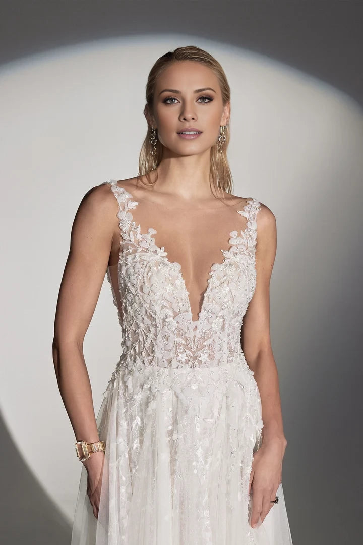Beaded Tulle A-Line Wedding Gown with Illusion Sabrina Neckline Wedding Dresses