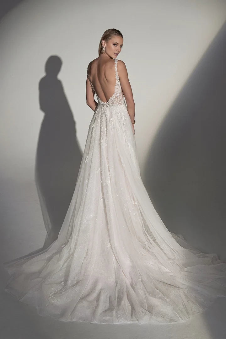 Beaded Tulle A-Line Wedding Gown with Illusion Sabrina Neckline Wedding Dresses
