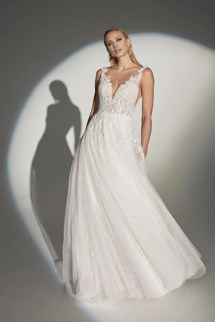 Beaded Tulle A-Line Wedding Gown with Illusion Sabrina Neckline Wedding Dresses