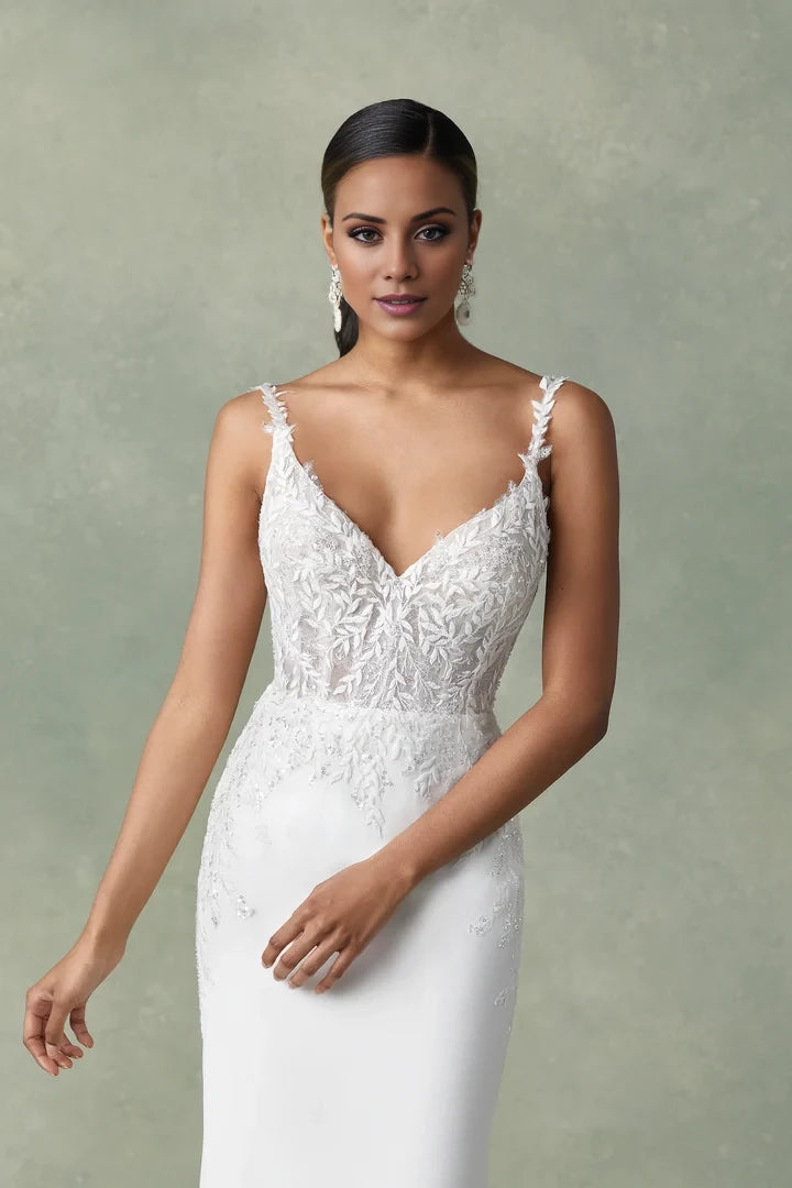Beaded V-Neck Backless Crepe Fit and Flare Dress Wedding Dresses