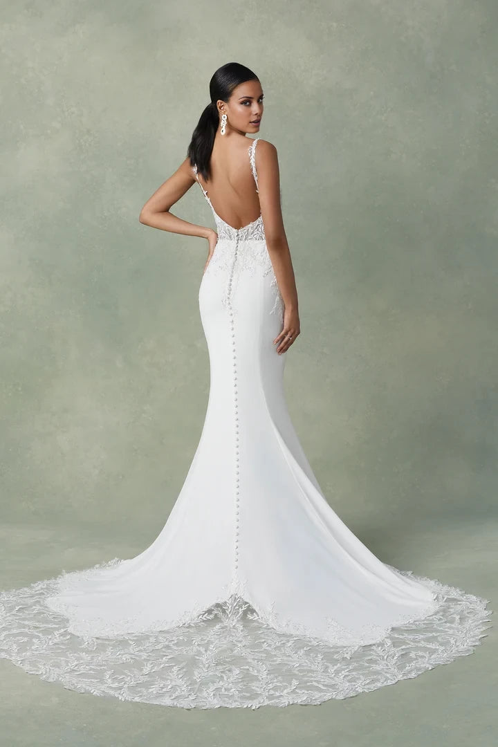 Beaded V-Neck Backless Crepe Fit and Flare Dress Wedding Dresses