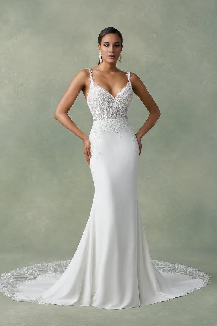 Beaded V-Neck Backless Crepe Fit and Flare Dress Wedding Dresses