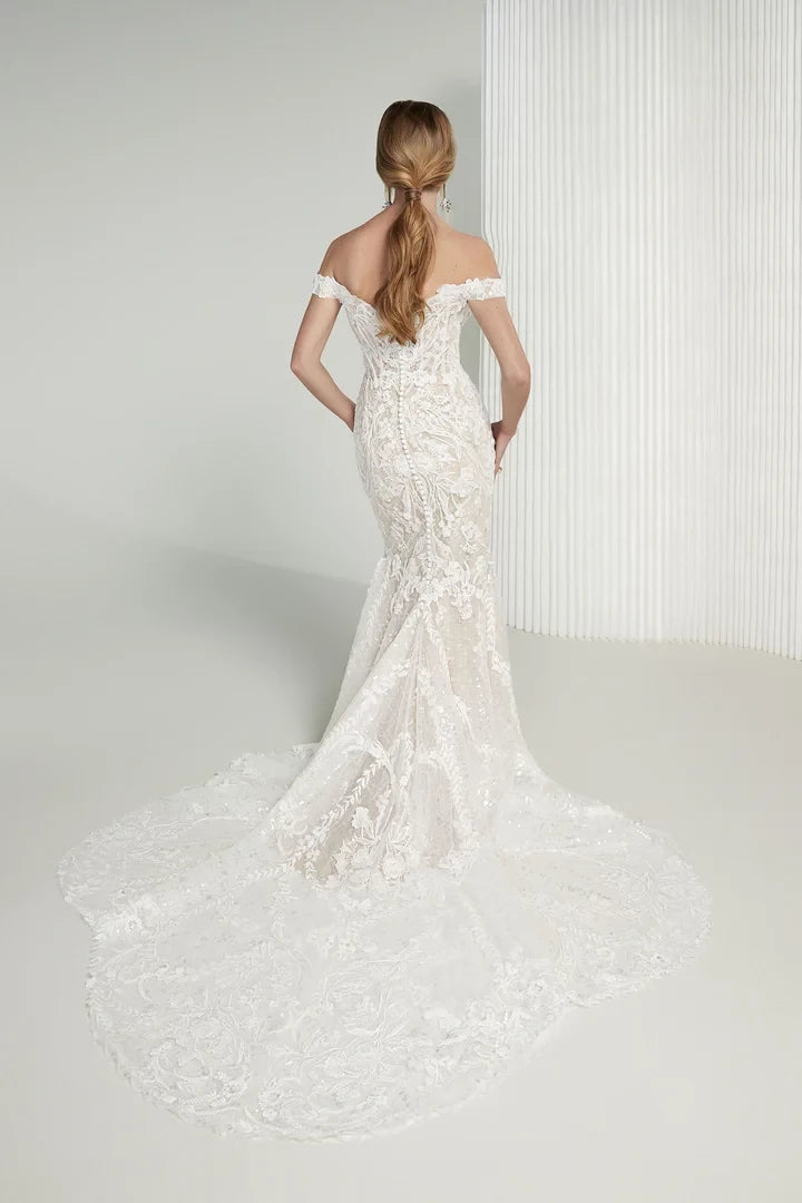Beaded and Sequined Off-the-Shoulder Gown with Petal Train Wedding Dresses